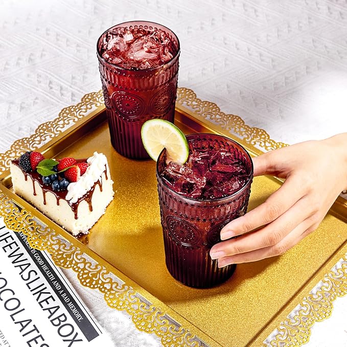Ciaell 12 Pack Romantic Plastic Water Glasses - 14 Oz Burgundy Vintage Drinking Glasses, Embossed Ribbed Plastic Cups, Textured Striped Set for Juice, Beverages, Beer, Cocktail