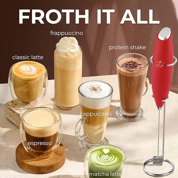 Zulay Kitchen Patented Tornado Triple Whisk Milk Frother with 4 Duracell Batteries – Handheld Foam Maker for Coffee, Lattes, Matcha & Hot Chocolate – Rich, Creamy Froth in Seconds - Cardinal Red