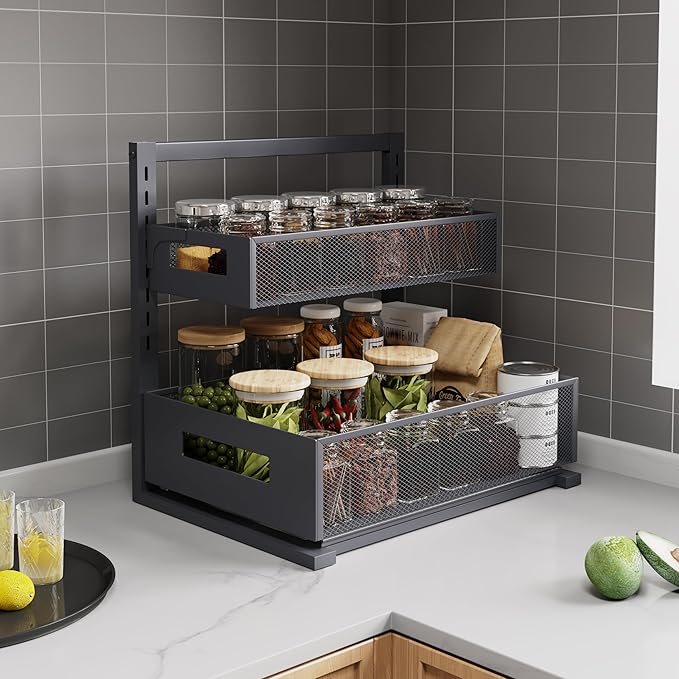 Petiza Under Sink Organizer Pull Out Cabinet Organizer Adjustable Height 2 Tier with Sliding Drawers Kitchen Bathroom Organizer and Storage(Gray-1pc)