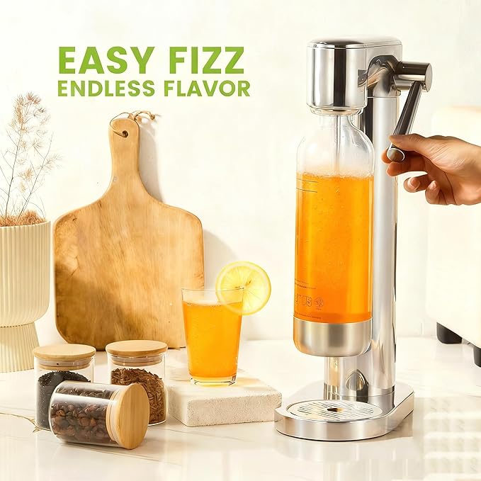 Soda Maker Sparkling Water Maker, Manual Stainless Steel Carbonation Machine for Home, Compatible with 60L Threaded CO₂ Cylinders (Not Included), Water Carbonator with BPA free PET Bottle