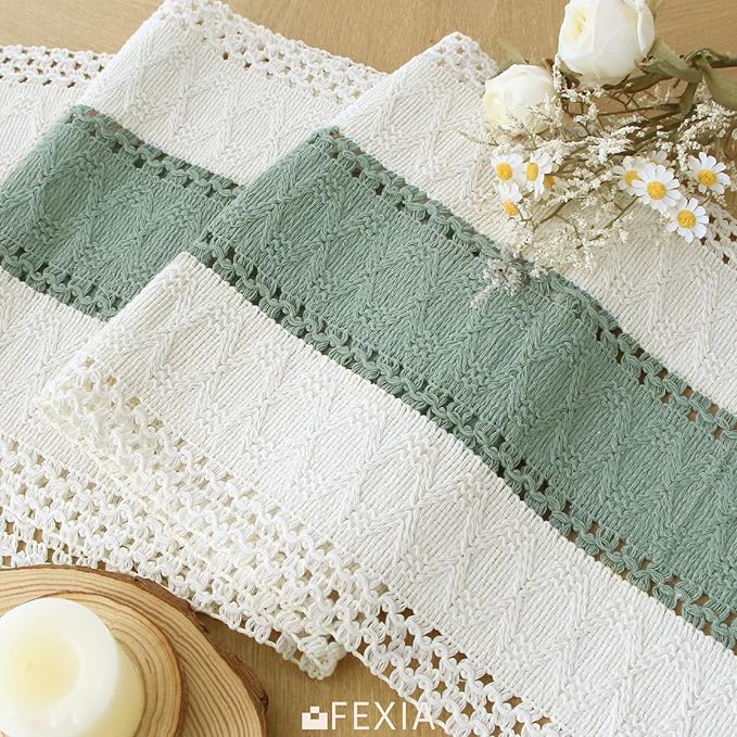 FEXIA Sage Green Table Runner 36 Inches Long with Tassels Boho Macrame Farmhouse Table Runners for Home Decor Party Bohemian Rustic Bridal Shower Dining Decorations(12x36 Inches)