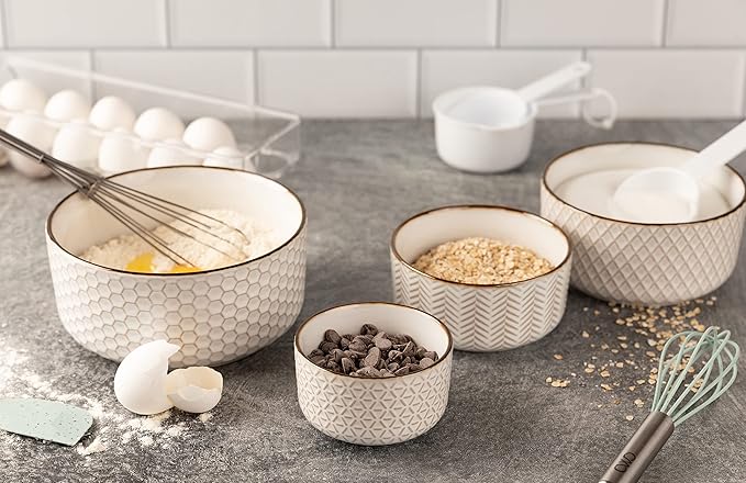 KooK Serving Bowls, with Lids, Ceramic Nesting Bowls, Set of 4, Embossed, Kitchen, Prep, Stackable, Gift, Microwave and Dishwasher Safe, 10/16/29/47 oz, Narbonne Collection (Ivory)