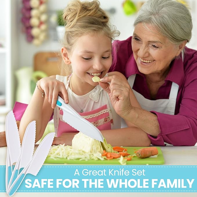 Zulay 3-Piece Kids Knife Set for Real Cooking & Baking - Toddler Knives for Cutting Fruits, Veggies, & Cake - Children’s Montessori Knife with Serrated Edges - Safe & Fun Lettuce Knife (Blue)
