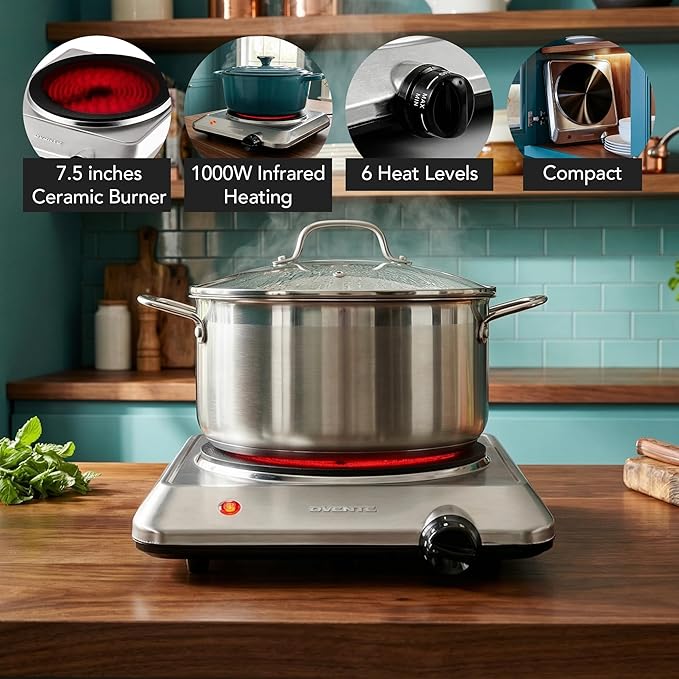 OVENTE Countertop Infrared Single Burner, 1000W Electric Hot Plate w/ 7.5” Ceramic Glass Cooktop, 6 Level Temperature Setting & Easy to Clean Base, Compact Stove for Home Dorm Office, Silver BGI201S