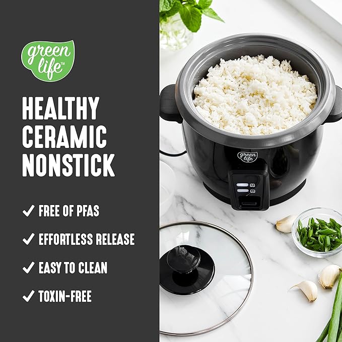 GreenLife Rice Cooker with Removable PFAS-Free Ceramic Nonstick Pot, 3-Cups Uncooked/6-Cups Cooked, Grains & Oatmeal Multicooker, Compact One-Switch Design, Auto Keep Warm, Easy Clean, Black