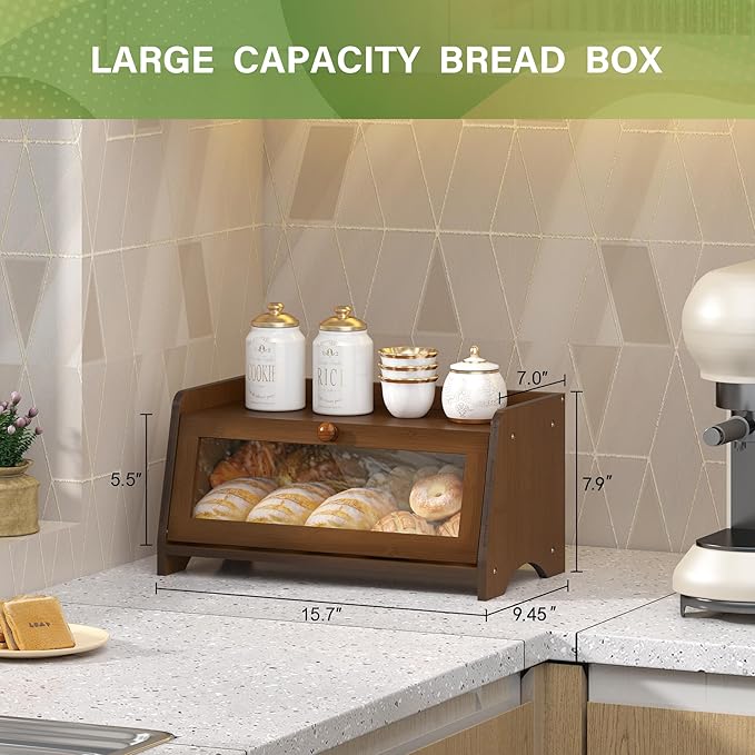 JANSNIMEN Vintage Bread Box for Kitchen Countertop, Large Bread Container Storage, Wooden Farmhouse Bread Box with Window Bread Holder (Brown)