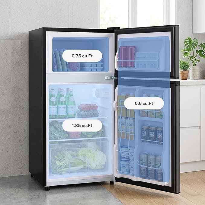 3.2 Cu.Ft Mini Fridge with Freezer, 2 Door Small Refrigerator with Adjustable Thermostat Energy-efficient Low Noise, Compact Fridge for Bedroom, Office, Dorm, Black