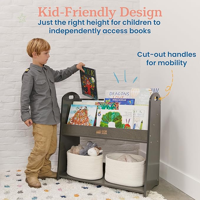 ECR4Kids 3-Shelf Floor Book Display with Handles and Storage, 30in, Kids Bookshelf, Grey Wash