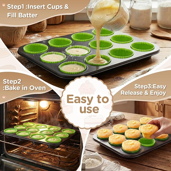 2 Set 12-cup Non Stick Carbon Steel Muffin Pan for Baking with 24 Reusable Silicone Liners, Non Toxic Cupcake Pan Muffin Tin for Easter Wedding Brownies Egg Bite, Easy to Pop(Green)