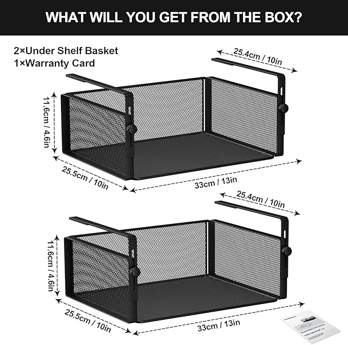 AmonHouseware 2Pack Under Shelf Basket Organizer,Adjustable Hanging Holder for Cabinet Pantry Kitchen Cupboard Desk Counter Bookshelf Organization Add-on Space Saver Heavy Duty Slide-in (Black, Large)