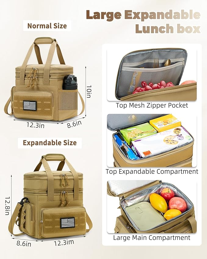 holuxer Tactical Lunch Bag & Lunch Box for Men - Large Double Deck Expandable Insulated Soft Adult Lunchbox for Work - Cooler Bag for Beach, Picnic, Camping,Outdoor，Travel (Brown,16L)