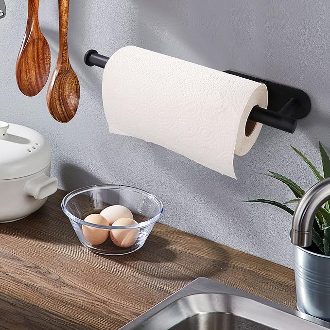 Paper Towel Holders-Blcak,Paper Towels Rolls - for Kitchen,Paper Towels Bulk- Self-Adhesive Under Cabinet,Both Available in Adhesive and Screws,Stainless Steel(Black 2PC)