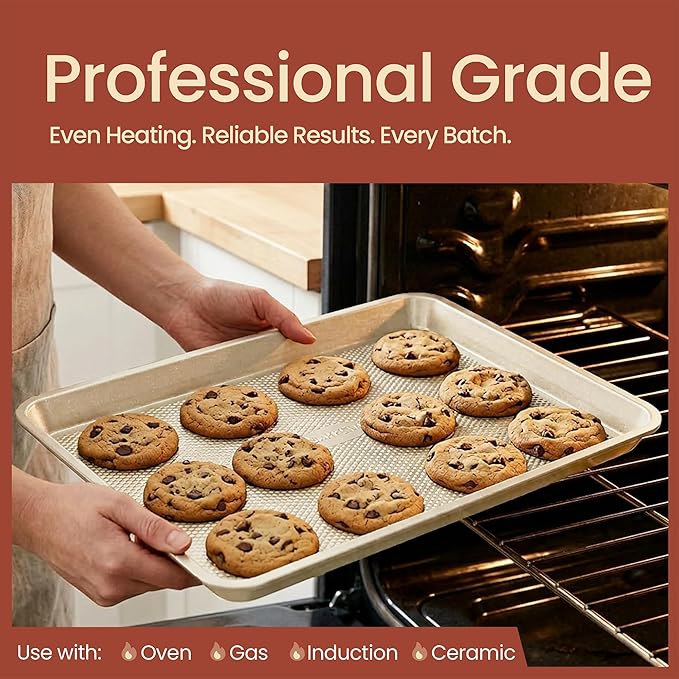 Diamond Bottom Cookie Sheet Set of 2, Nonstick White Marble Carbon Steel Baking Pans for Crisp Baking, Space-Saving Stackable Trays, PFOA, PFOS, PTFE Free, Oven Safe Up to 450°F, Small & Medium Pans