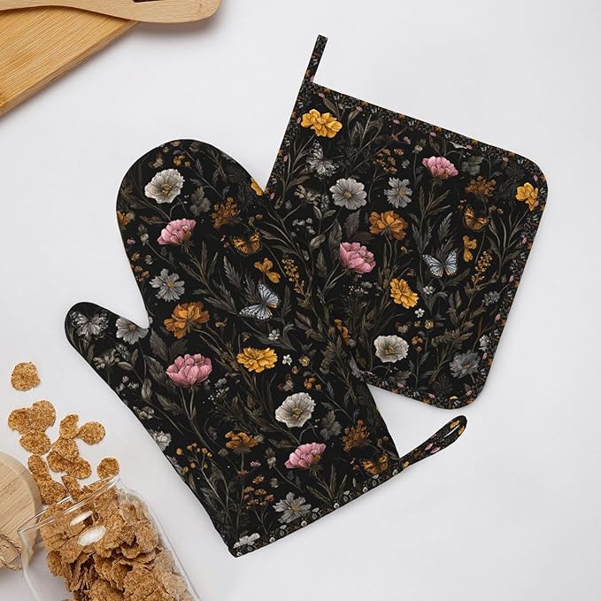 Oven Mitts and Pot Holders Flower Butterfly Boho Botanical Silicone Kitchen Accessories Set of 4 Heat Resistant Long Gloves Potholder Non-Slip Grip for Chef Baking Cooking Grilling BBQ
