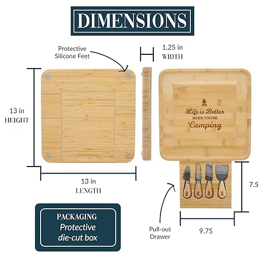 Pavilion - Life Is Better When You’re Camping - Square Cheese Board & Knife Set with Hidden Drawer, Charcuterie Board, Bread Board, 1 Count - Pack of 5, 13 x 13 x 1.25-Inches