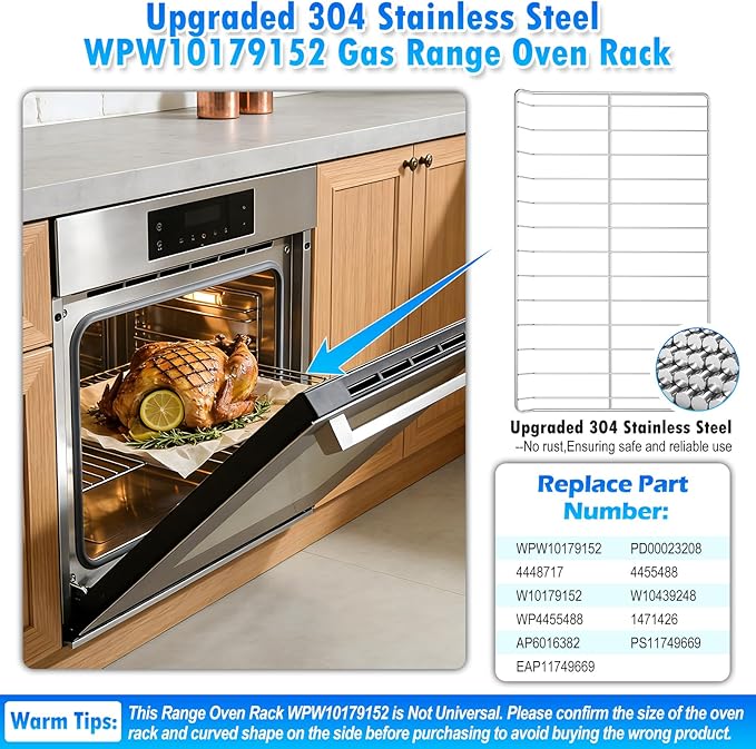 2 Pack Upgraded 304 Stainless Steel WPW10179152 W10179152 Oven Rack Compatible with Kitchen-Aid,Maytag and Whirlpool Range Oven Wire Rack W10439248 EAP11749669 Gas Range Oven Rack w/Oven Rack Liner