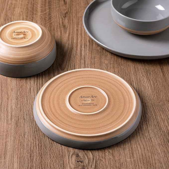AmorArc Ceramic Dinnerware Sets for 4, 12 Pieces Handpainted Plates and Bowls Set with Rustic Terracotta Underside, Scratch Resistant Stoneware Dishes Set, Dishwasher & Microwave Safe, Gray