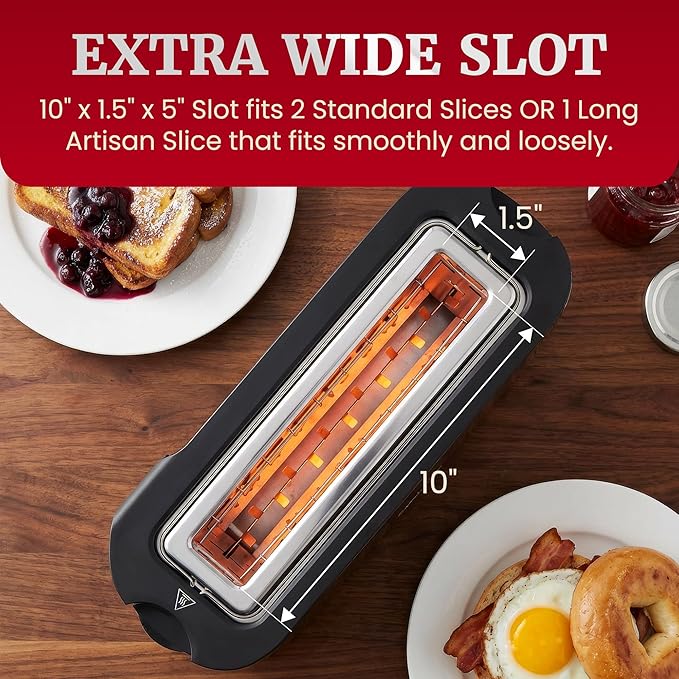Elite Gourmet ECT3200 2-Slice, 1 Long Slot, Slim Toaster, Reheat, 6 Toast Settings, Defrost, Cancel Functions, Built-in Warming Rack, Extra Wide Slots for Bagels Waffles, Stainless Steel & Black