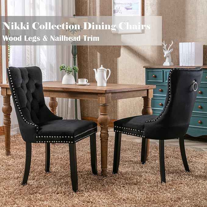 Black Dining Chairs Set of 2,Upholstered Velvet Dining Room Chairs with Back Ring Pull Trim and Solid Wood Legs,Modern Dining Chairs Perfect for Dining Room, Kitchen(Black)