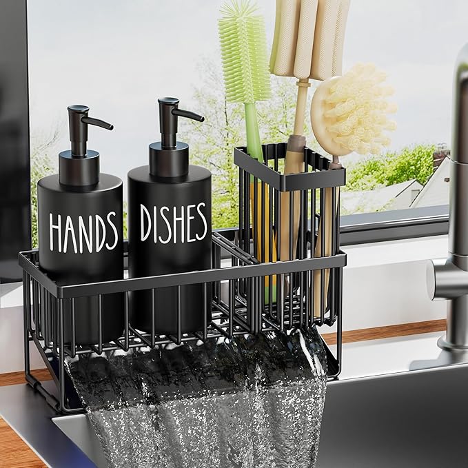 MASADI Kitchen Dish Soap Dispenser Set with Sponge Holder, 12OZ Glass Bottle, Hand and Dish Soap Dispenser Set, Non-Slip Silicone Pad, Brush Holder, Kitchen Sink Organizer Countertop (Black)