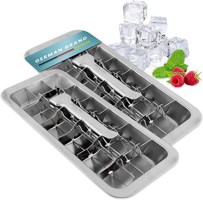 Stainless Steel Polished Set 2-Pack Ice Cube Tray for freezer Ice Cube Tray with Lever Insert for Easy Release | Food-Safe & Durable Ice Cube Maker | Plastic-Free Large
