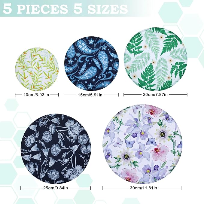 5-Size Reusable Beeswax Bowl Covers for Bread Proofing, Cotton Cloth Flexible Beeswax Wraps for Food Storage(Iris Floral)