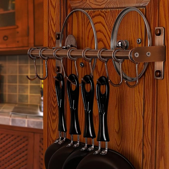 Dseap Kitchen Utensil Holder Hanger, Pot and Pan Rack Wall Mount, Kitchen Rail with 8 Hooks for Hanging Cooking Utensils, Mugs, Spoons, Wall Mounted, Stainless Steel, Antique Copper
