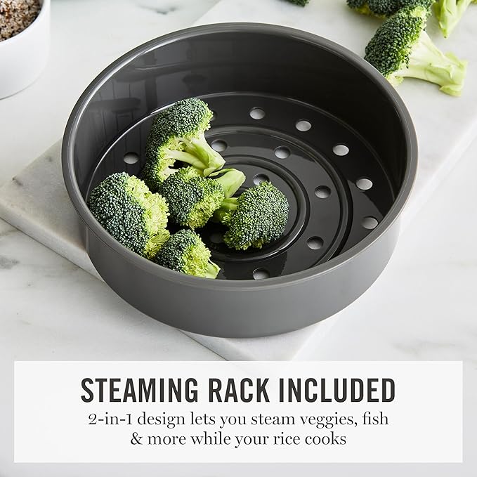 Martha Stewart Rice Cooker, 4 Cup (Uncooked) / 8 Cup (Cooked), Ceramic Non-Stick Removable Pot, Keep Warm, Measure Markings, Steam Basket, Brown & Sushi Rice, Quick Cook, Quinoa, Grains, Oats, Caviar Gray