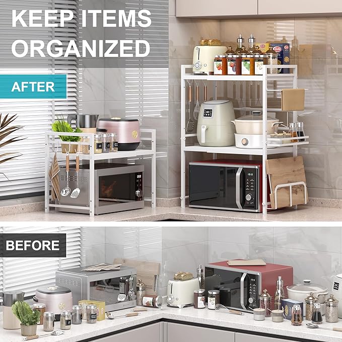 DOLALIKE Microwave Oven Rack, Expandable Microwave Stand Kitchen Countertop Organizer Utensils Storage, Carbon Steel Over Microwave Shelf with 3 Hooks (White, 3 Tier- With Storage)