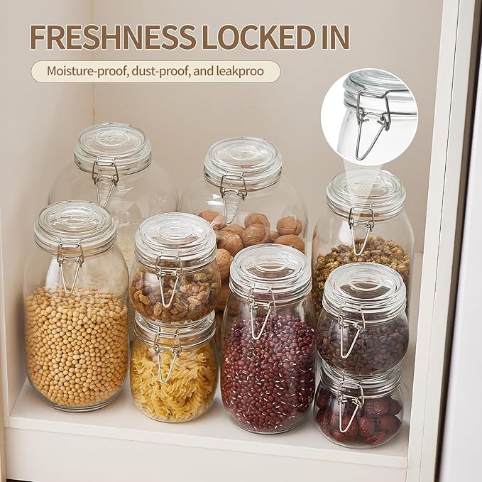 ODBCYWM 68oz Glass Food Storage Jars with Airtight Lids, Set of 3 – Clear Preserving Seal Wire Clip Fastening Canisters for Kitchen Canning, Flour, Cereal, Pasta, Sugar, Beans, Pickling Jars (68oz*3)