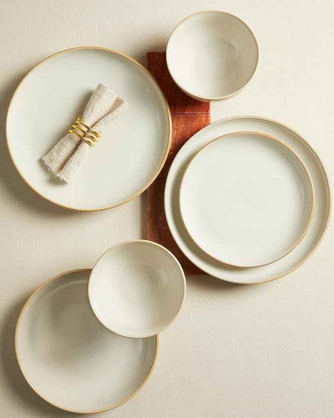 16 Piece Double Bowl Dinnerware Sets with Pasta Bowls, Highly Chip and Crack Resistant Plates and Bowls Sets, Natural Earthyware Ceramic Dishware Sets, Service for 4 Yellow White