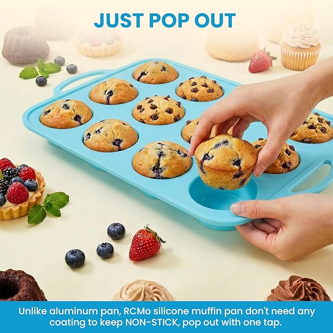 2Pack Silicone Muffin Pan for Baking with Metal Reinforced Frame, 12 Cup Regular Size Cupcake Pan, BPA Free Silicone Muffin Tray, Cupcake Baking Pan Molds for Oven Dishwasher Safe - Blue