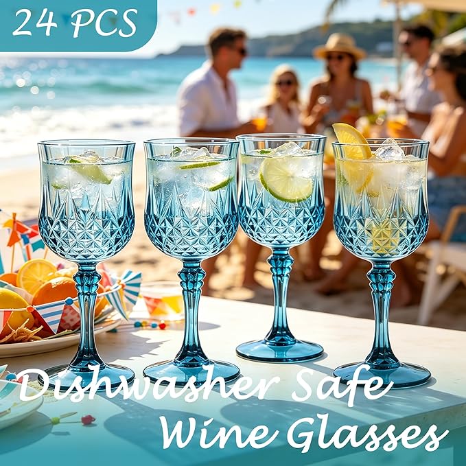 Plastic Wine Glasses, Plastic Goblets Vintage Style Cordial Unbreakable Drinking Glasses, Reusable Drinkware for Wedding Reception, Grand Event Party Supplies (24, Dusty Blue)