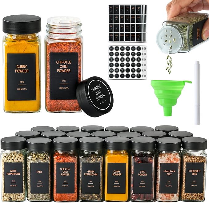 Spice Jars with Label，4oz Glass Spice Bottles With Shaker Lids，Seasoning Containers with Funnel, Chalk Pen for Cabinet，Drawer，Rack (Black, 48)
