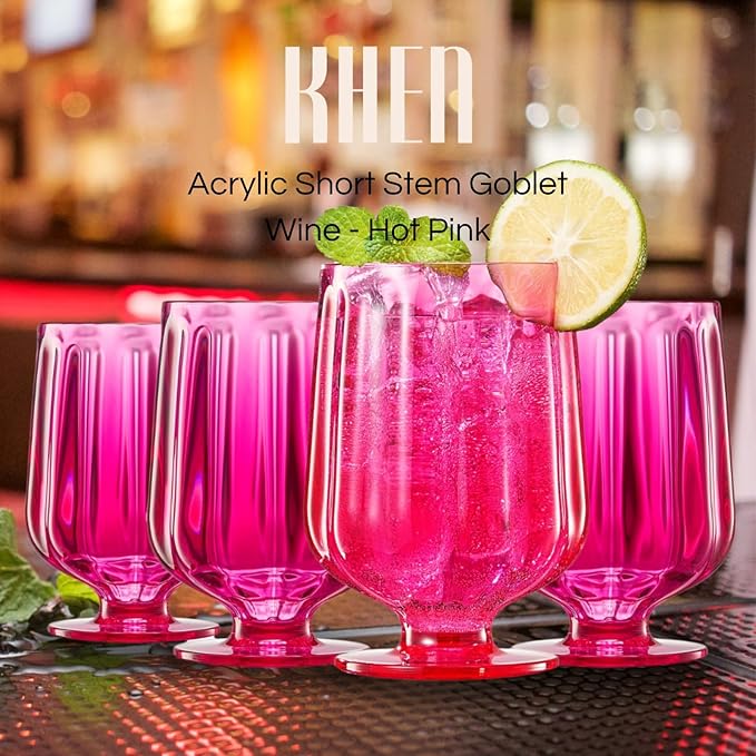 Khen 15oz Unbreakable Premium Drinking Glasses Set of 4 - Super Grade Acrylic Plastic - Perfect For Gifts - European Style Shatterproof BPA-free Glassware Dishwasher-Safe, Indoor & Outdoor (Hot Pink)