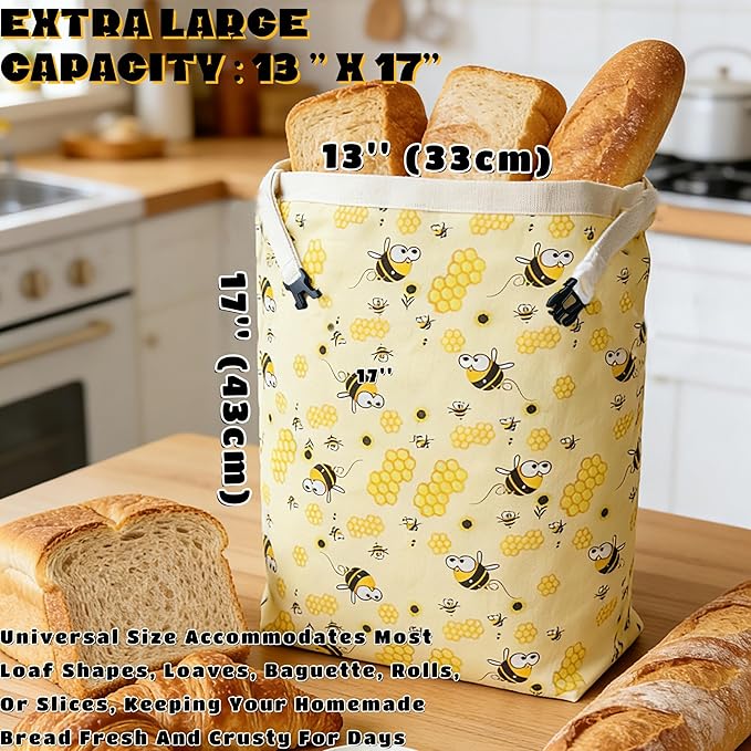 2 Packs Reusable Beeswax Bread Bags for Freezer & Refrigerator, XL 17x13 Inch with Zippers,Natural Beeswax-Lined Cotton Storage Bags Airtight -The Perfect Freshness Keeper for Homemade Sourdough