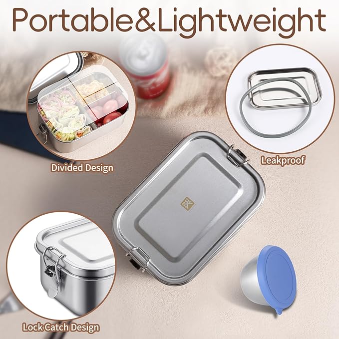 GOLDEN KEY 27oz / 0.8L Bento Box for Kids,18/8 Stainless Steel Lunch Box for Kids with Leakproof Condiment Container,3 Compartment Bento Box for School and Eating Out,Freezer & Dishwasher Safe(Blue)