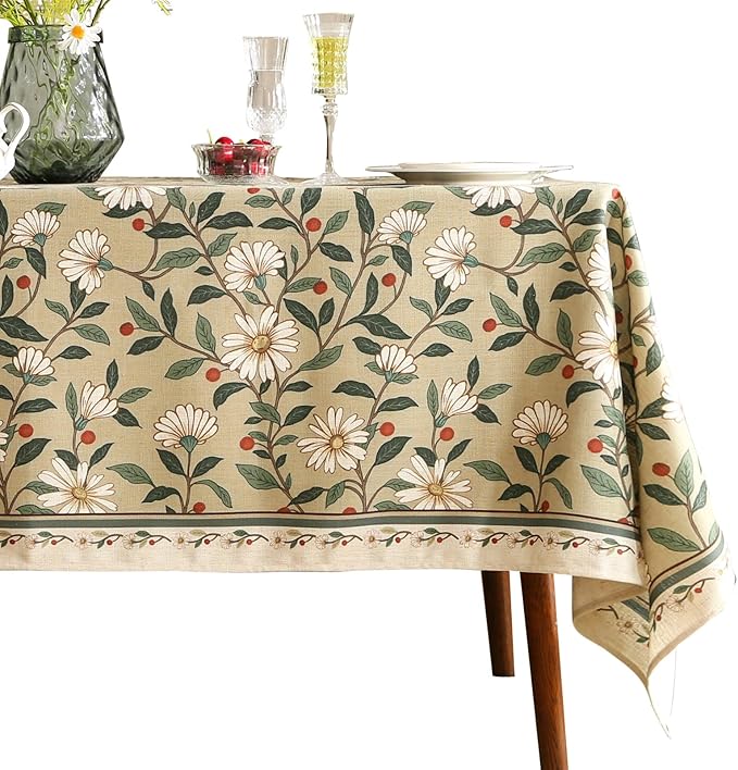 ISAENNE Designer Green Linen Small Rectangular Tablecloth,Floral French Country Indoor Table Cloth,Stain Resistant Home Decor Tablecloths for Dining Kitchen Thanksgiving Party,55"*71"-Brune