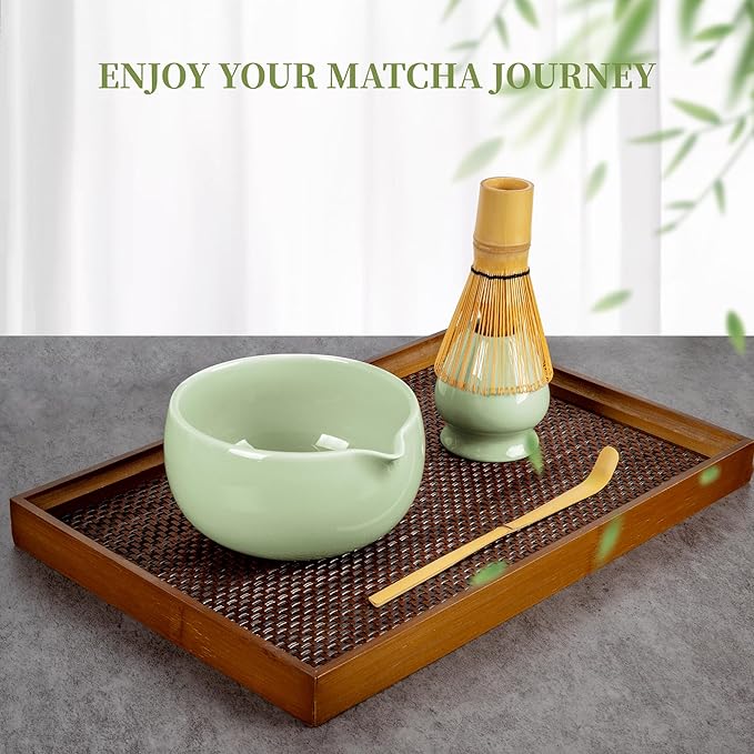 YIBO Matcha Whisk Set, Matcha Kit Bamboo Whisk and Ceramic Bowl with Spout & Measuring Spoon & Cup, Japanese Ceremony Matcha Tea Making Tools Green