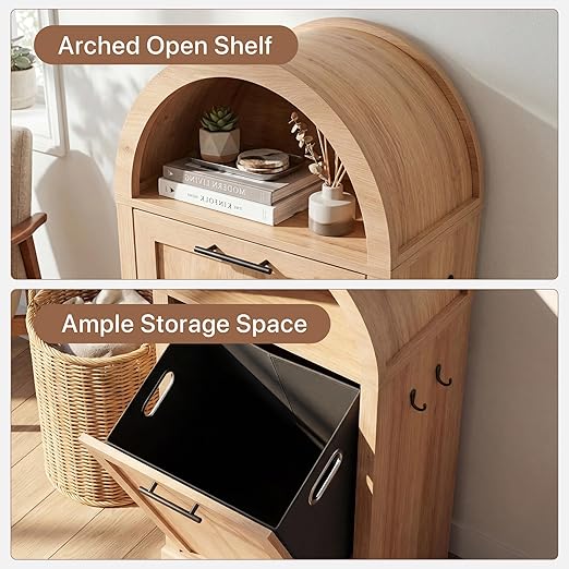 Arched Tilt-Out Trash Can Cabinet Set of 2,Laundry Hamper Cabinet with Foldable Laundry Basket,Wooden Hidden Garbage Can Cabinets with Metal Handle & Hooks,Natural