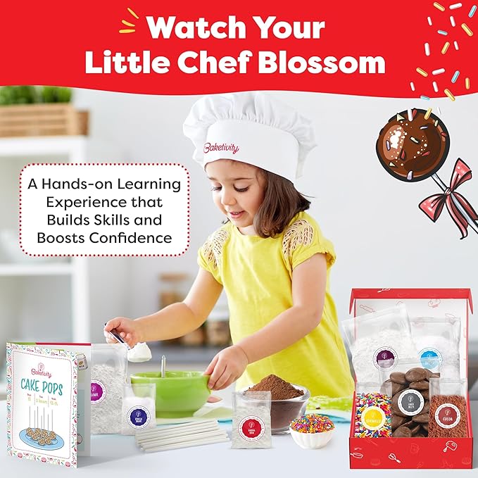 Baketivity Kids Baking Bundle – DIY Cake Pop Kit & 31-Piece Real Kids Cooking Set – Pre-Measured Kosher Ingredients, Safe Utensils, Illustrated Recipes & Video Guide – Fun Gift for Ages 6+