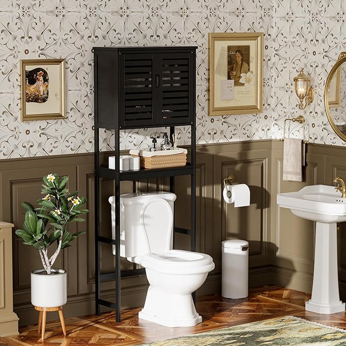 SMIBUY Bathroom Over The Toilet Storage Cabinet, 2 Door Bamboo Cabinet Organizer, Freestanding Space Saver Toilet Rack with Adjustable Inside Shelf and Open Shelf (Black)