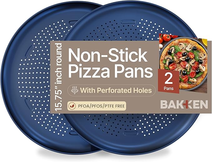 Bakken 16 Inch Non-Stick Pizza Pan 2 Pack, Round Carbon Steel Pizza Tray with Perforated Holes, PFOA, PFOS, & PTFE-Free, Dishwasher & Oven Safe Up To 450°F, Durable Nonstick Coating, Blue