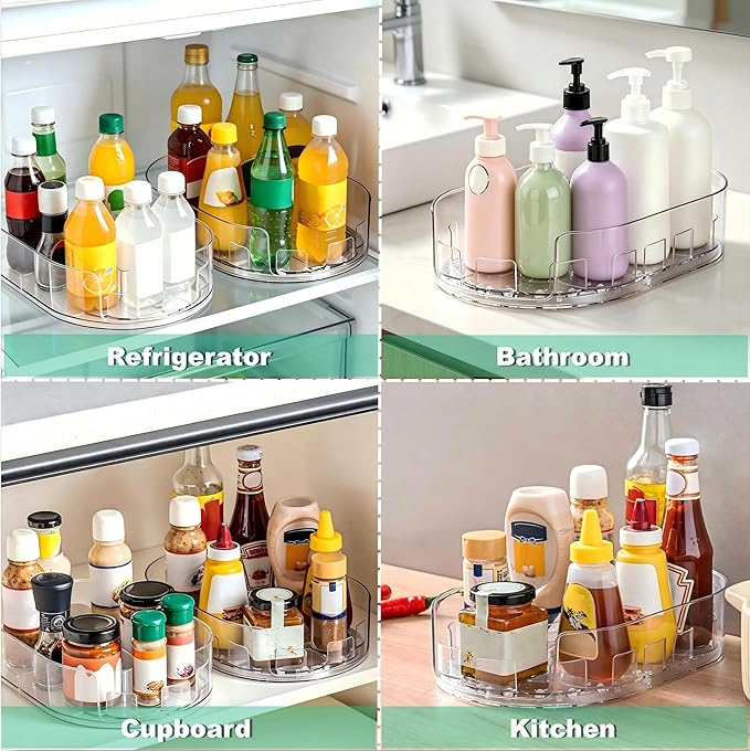 Lazy Susan 360°Rotating Organizer for Refrigerator,13.5“ x 8.5”,Drink Organizer for Fridge,Cabinet, Pantry,or Kitchen Countertop,Organize Condiments, Cans, Beverages,Clear+White,1 Pack