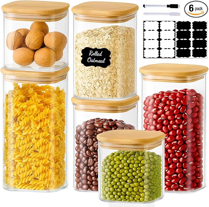 TBWIND 6 Pack Square Glass Storage Containers with Bamboo Lids (24oz/37oz/51oz) – Clear Food Airtight Canisters Sets for The Kitchen, Glass Jars for Coffee Beans, Coffee, Flour, Snacks, Spices