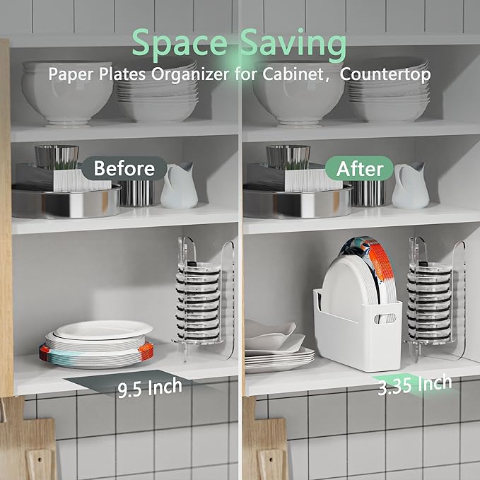 3Pcs Paper Plate Dispenser for 6-9.5 Inch Disposable Plates, Space-Saving Plastic, Foam and Paper Plate Storage Organizer for Cabinet, Countertop, RV or Outdoor (White)