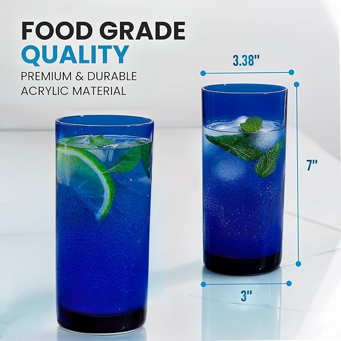 Zulay Kitchen Plastic Drinking Glasses (Set of 6) – 16oz Acrylic Shatterproof Water Cups for Home, Kitchen & Outdoors – Cobalt Blue Glass Look – BPA & Lead-Free – Top-Rack Dishwasher Safe