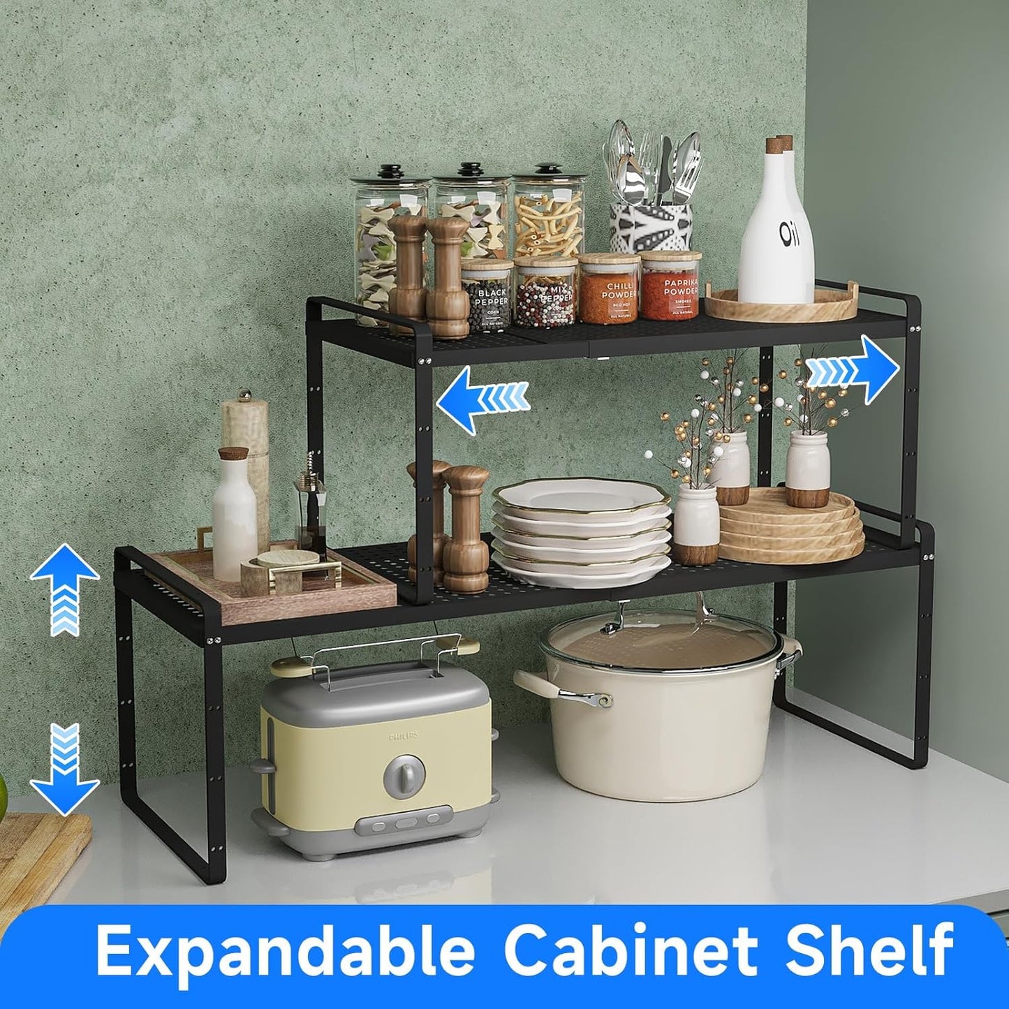 Expandable Kitchen Shelf Organizers, Kitchen Cabinet Organizer Stand Rack Organization for Countertop Office Desktop, Black 2 Pack