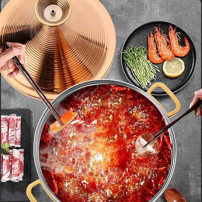 Stainless Steel Moroccan Tagine Pot, Large Moroccan Tajine Casserole with Cone-Shaped Lid, Non Stick Tagine Cooking Pot with 2 Handles(30cm/11.8in, Gold)