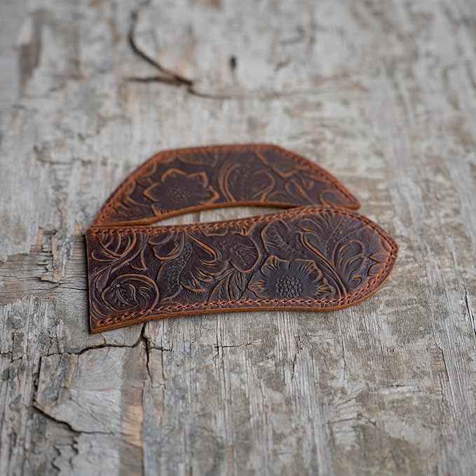JJNUSA Leather Cast Iron Handle Cover，Skillet Handle Cover, Handmade Full Grain Crazy Horse Leather Handle Protector (2 Pack) Flower Brown